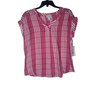 Liz Claiborne Pink White Plaid V Neck Roll Sleeve Tunic Top Shirt Size Small NEW